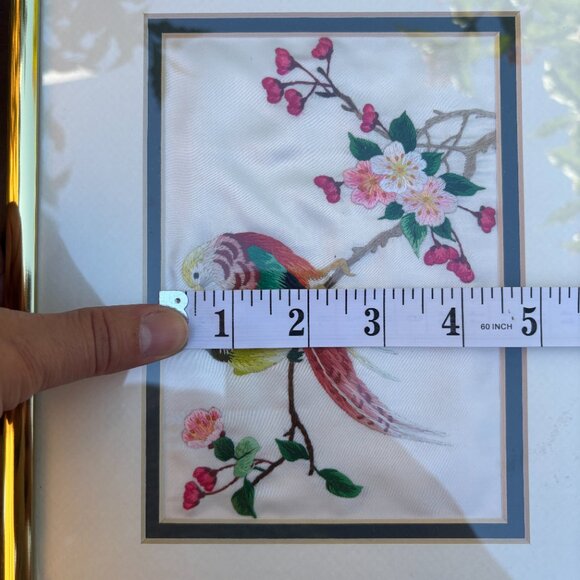 Vintage Chinese Silk Embroidery of Birds & Blossoms Framed Asian Needlework Art - Picture 15 of 16
